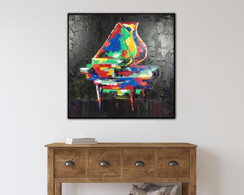 Abstract Rainbow Piano Painting On Canvas Colorful Still Life Painting Creative Acrylic Artwork Hand Painted Piano Wall Art for Living Room