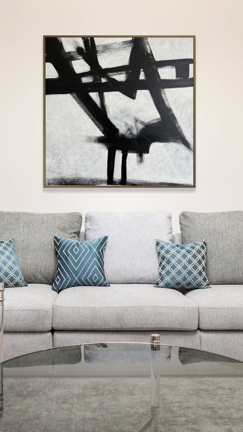 Original Abstract Black and White Paintings on Canvas, Textured Franz Kline Style Painting, Modern Minimalist Artrowk for Home Wall Decor