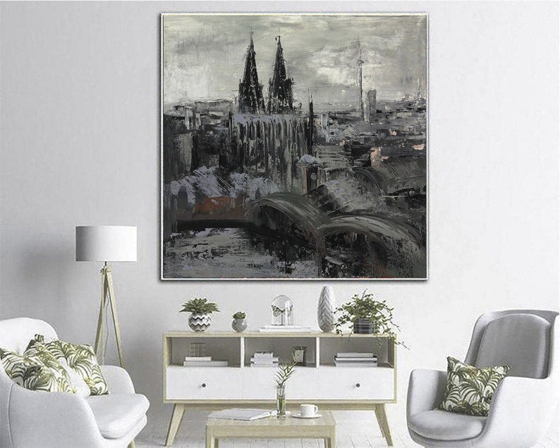 Abstract Cityscape Paintings On Canvas, Original Black And White Art, Impressionism Contemporary Art Unique Boho Style Wall Decor for Home