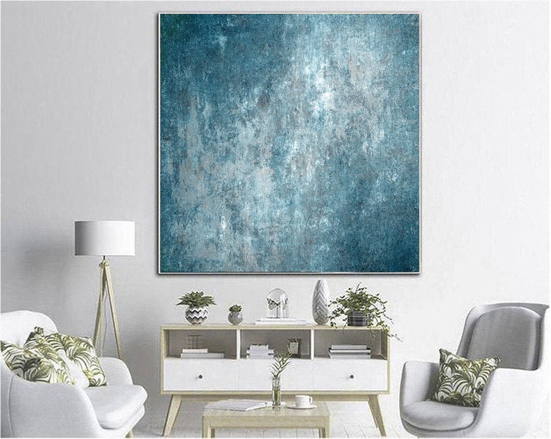 Large Blue Custom Oil Painting Original Industrial Modern French Shabby Chic Artwork Minimalist Wall Art Decor