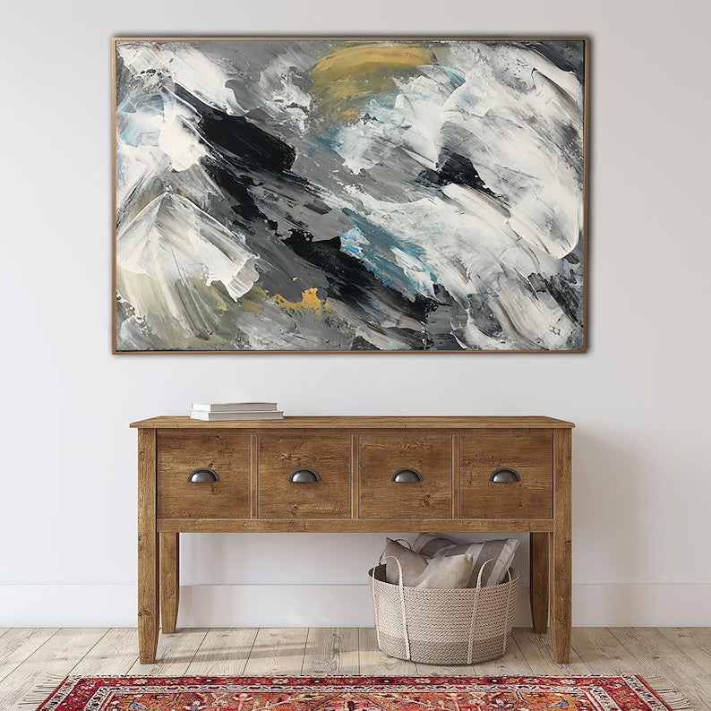 Abstract Brushstroke Painting Modern Large Gray Painting Contemporary Art Office Wall Art Custom Gift Black And White Art Framed Art Decor