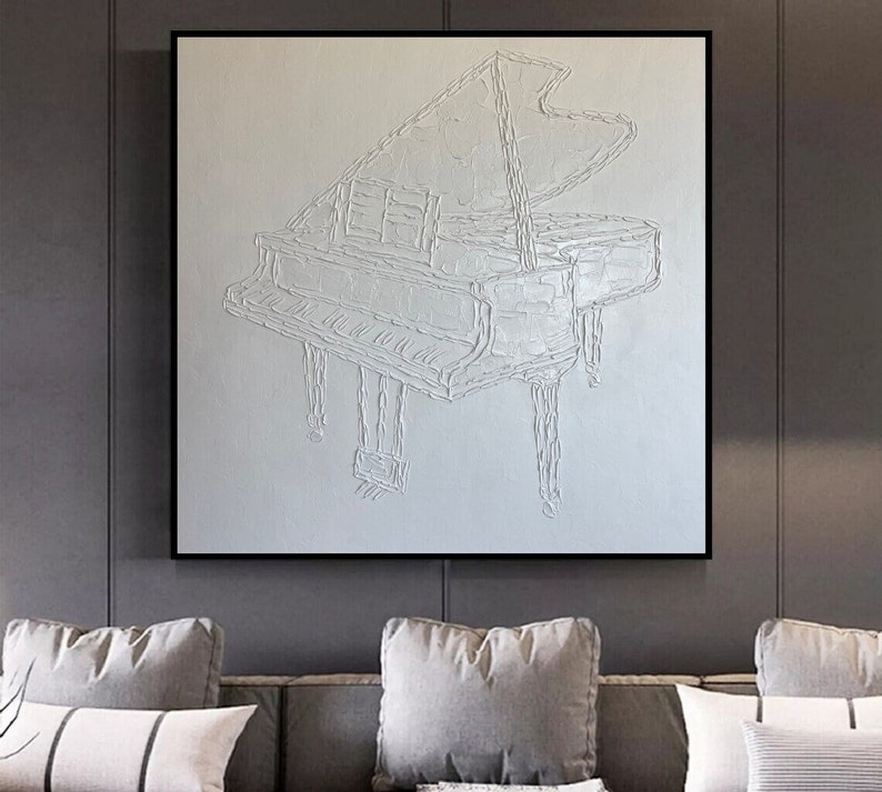 Original Grand Piano Oil Painting Abstract White Textured Wall Art Music Artwork for Bedroom Decor WHITE PIANO