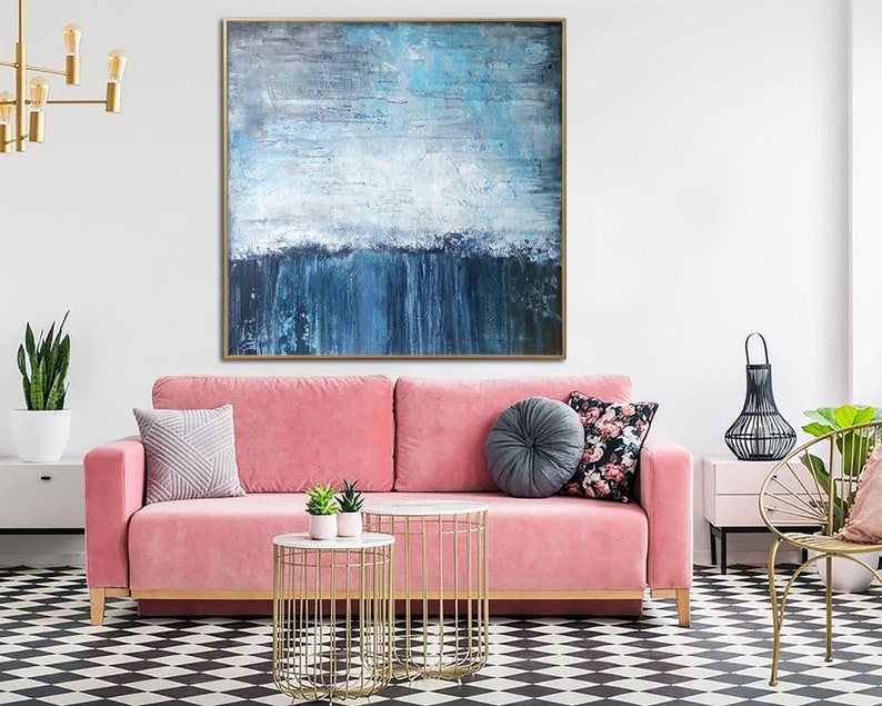 Large Abstract Blue Paintings On Canvas Neutral Minimalist Artwork Luxury Painting Heavy Textured Artwork for Living Room Wall Decor