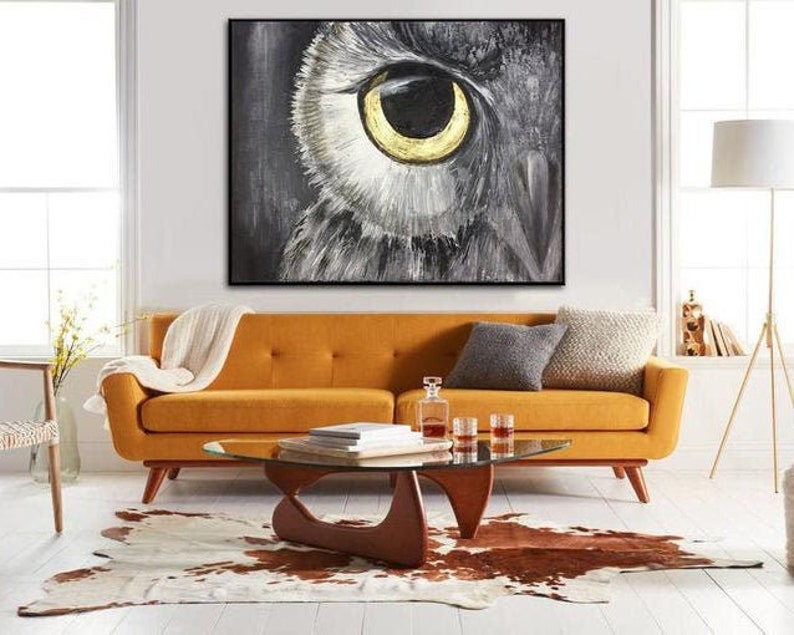 Abstract Owl Oil Painting On Canvas Original Bird Artwork Owl Eye Modern Wall Art Decor for Living Room