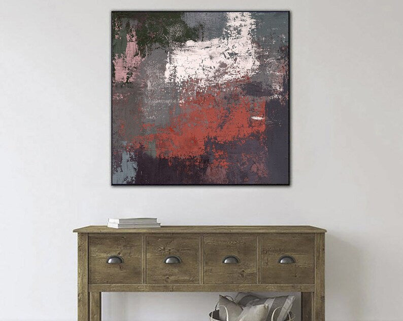 Abstract Gray Oil Painting Minimalist Artwork Red Textured Wall Art Original Modern Decor for Living Room