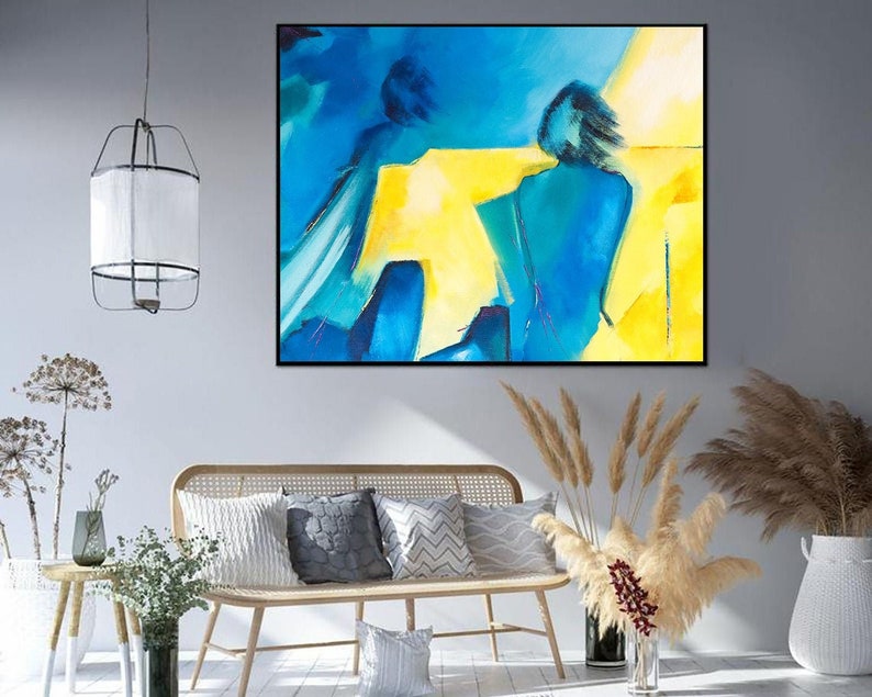 Original People Acrylic Painting Abstract Human Artwork Blue and Yellow Figurative Wall Art Decor for Bedroom