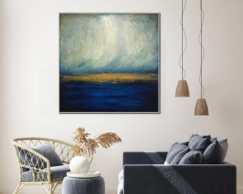 Large Abstract Canvas Art Ocean Painting Abstract Blue Sky Acrylic Painting Modern Abstract Artwork Blue Sea Abstract Painting Office Decor