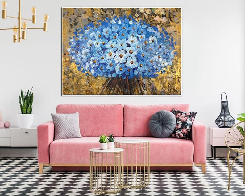 Flower Wall Art Abstract Painting Blue Floral Bouquet Gold Painting Original Textured Artwork Knife Painting Living Room Decor