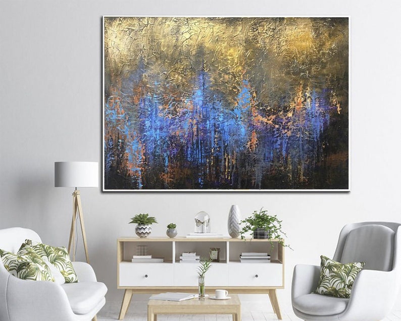 Large Abstract Paintong Original Fine Art on Canvas Gold Abstract Painting Blue Wall Art Original Acrylic Art Work for Living Room