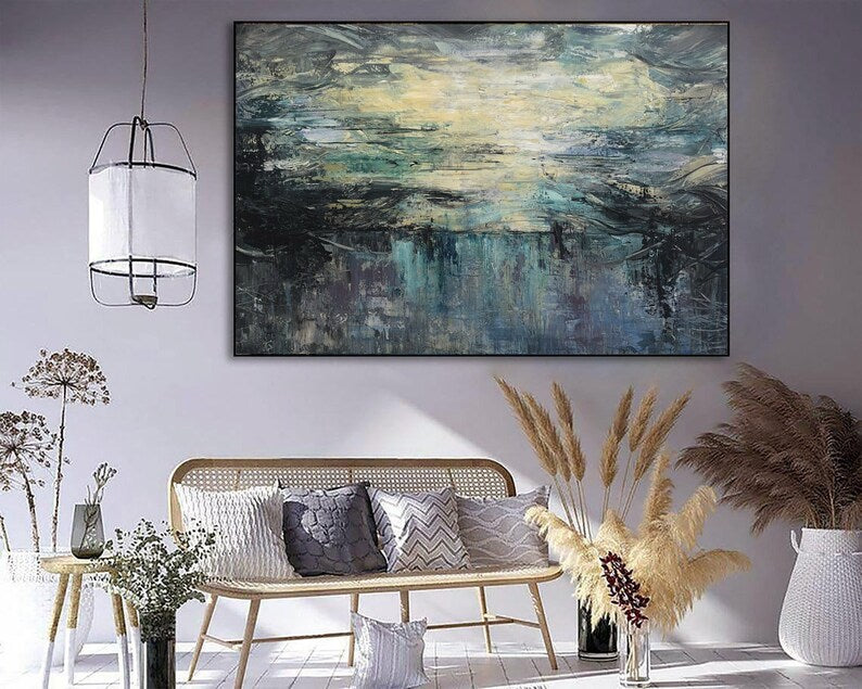 Large Original Abstract Seascape Paintings On Canvas In Navy Colors Abstract Impressionist Painting Modern Acrylic Paining for Living Room