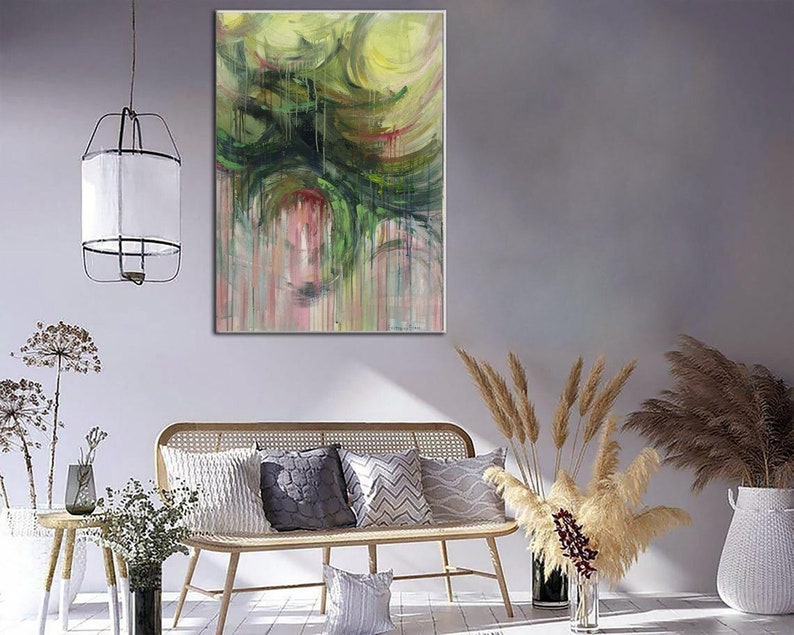 Extra Large Abstract Expressionist Paintings On Canvas in Green And Pink Colors Textured Fine Art Contemporary Wall Art for Living Room