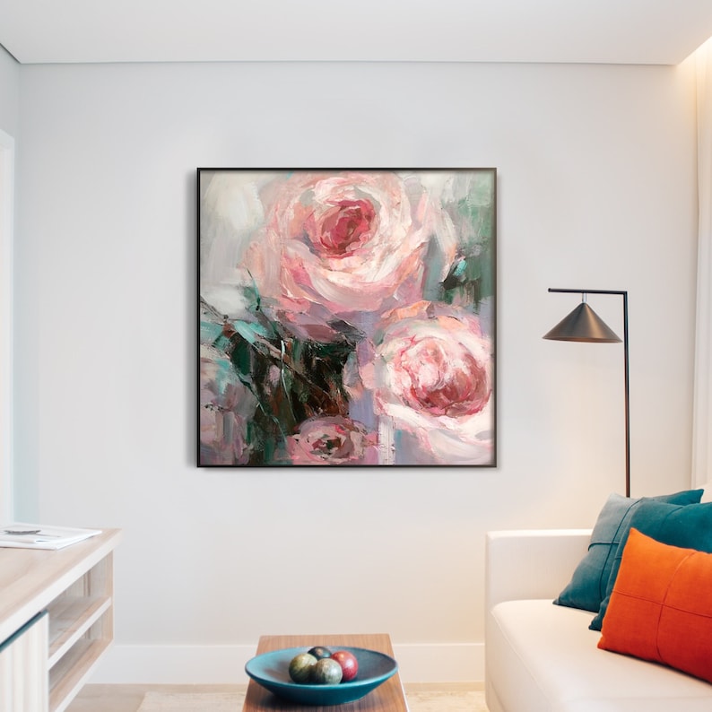 Rosengemälde auf Leinwand, Florales Modernes Gemälde, Blumengemälde, Blumenwandkunst, großes Rosengemälde, impressionistisches Gemälde