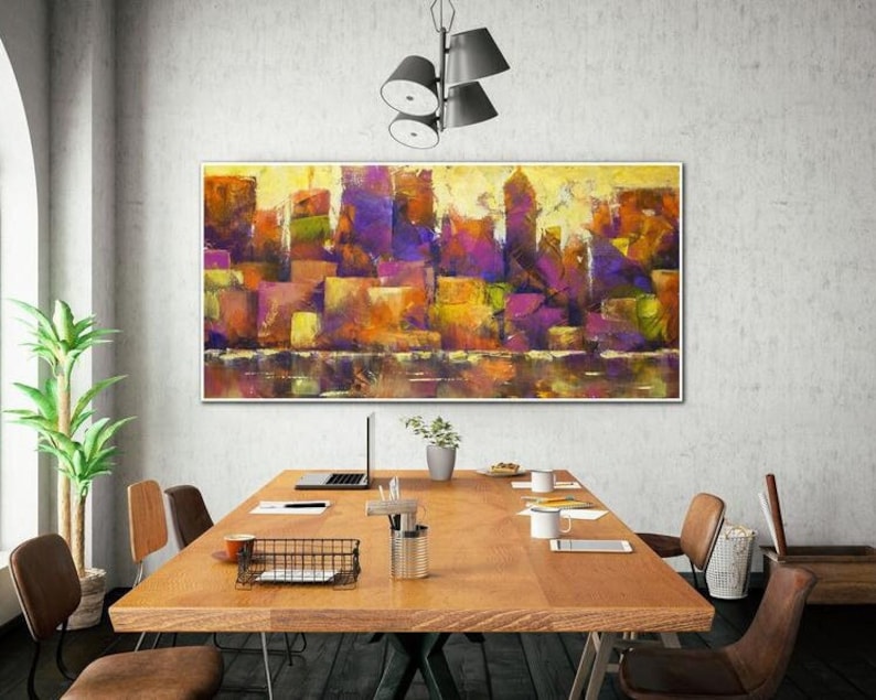 Cityscape Abstract Painting Purple Painting Orange Painting Urban Wall Art Textured Wall Art Oversized Wall Art Housewarming Gift City Art