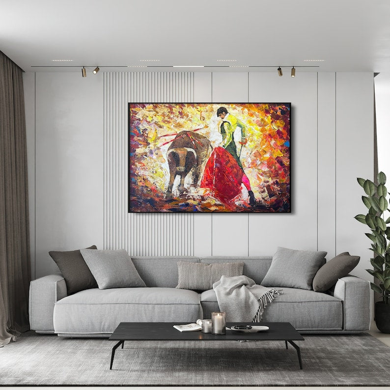Spanish Matador Bullfighter Acrylic Painting, Corrida Original Oil Painting, Matador Painting, Bullfight Torero, Matador and Bull