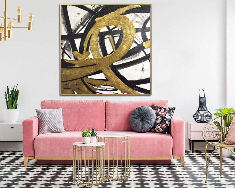 Gold Abstract Painting, Modern Black and White Wall Art, Hand-Painted Minimalist Canvas, Contemporary Geometric Art for Home Decor