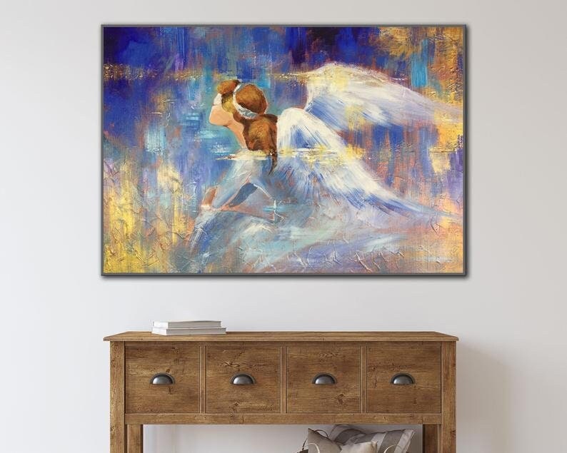 Abstract Impressionism Paintings On Canvas In Blue And Gold Colors Angel Painting Abstract Fine Art Textured Handmade Art for Living Room