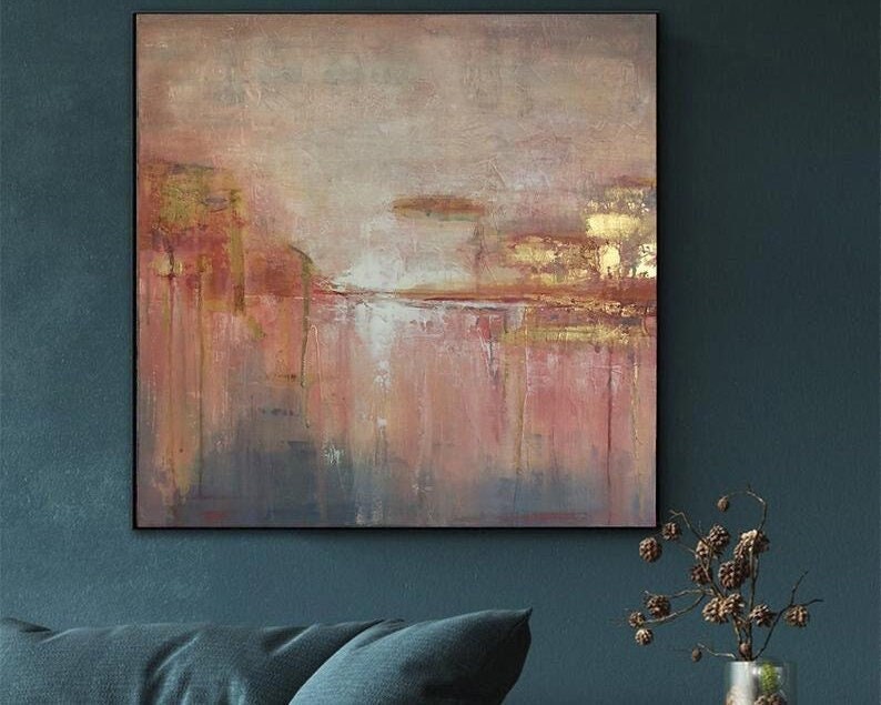 Large Abstract Lanscape Paintings, Pink Sunset Painting Modern Textured Art Gold Leaf Original Abstract FIne Art for Living Room