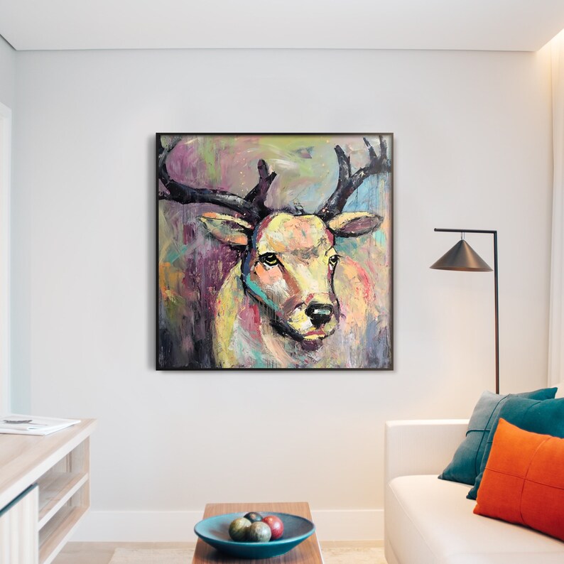 Deer Wall Art Deer, Large Animals Paintings, Deer Abstract Painting, Extra Large Painting, Living Room Wall Art, Abstract Painting On Canvas