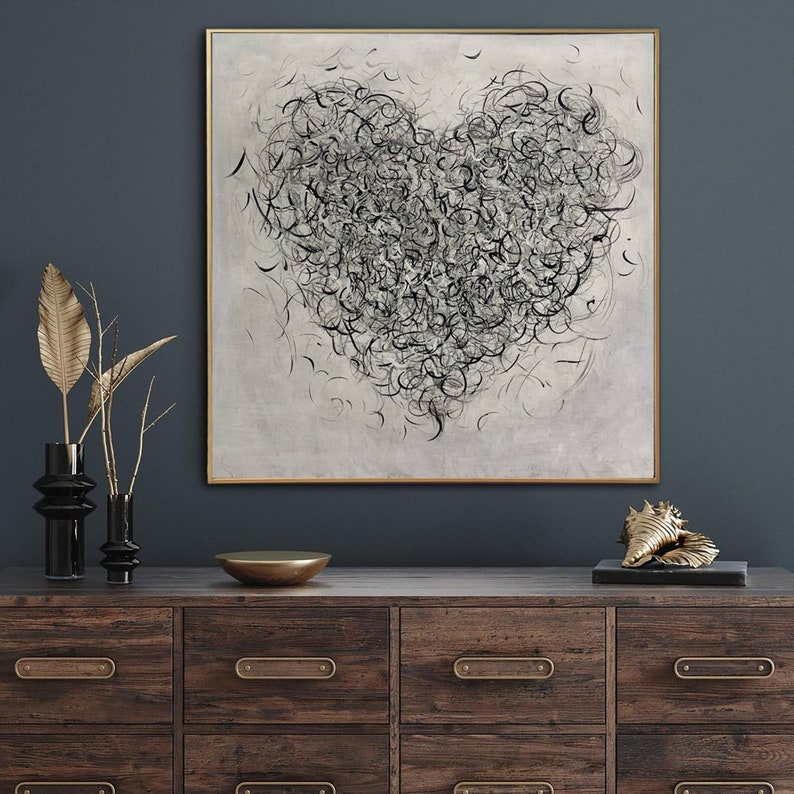 Abstract Heart Painting Modern Wall Art Anniversary Gift Black and White Minimalist Wall Art Unique Wall Art Bedroom Decor Original Painting