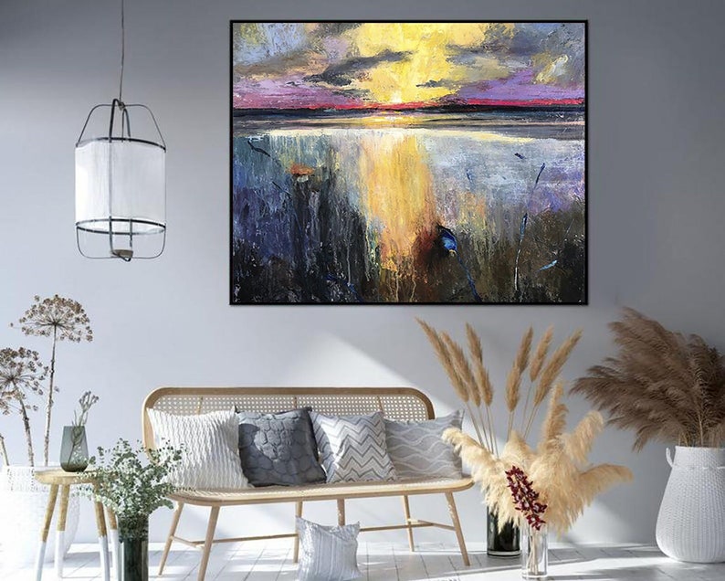 Sunset Painting Original Painting Golden Sunset Tranquil Lake Painting Coastal Wall Decor Living Room Decor Framed Art Apartment Wall Art