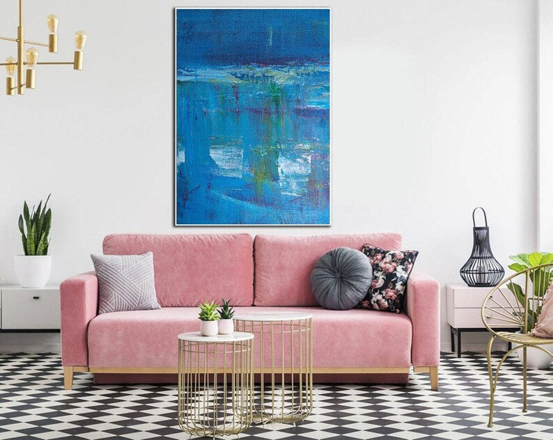 Extra Large Abstract Blue Paintings On Canvas Modern Blue Textured Art Original Oil Painting Modern Artwork for Indie Room Wall Decor