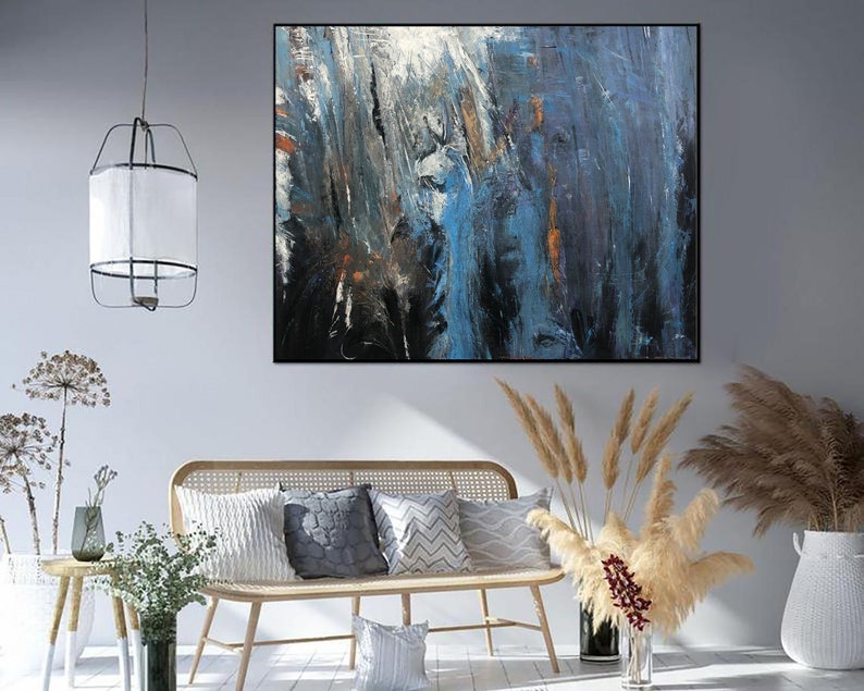 Modernes marineblaues Kunstwerk auf Leinwand, abstraktes zeitgenössisches Wandgemälde, übergroße Wandkunst für Esszimmer