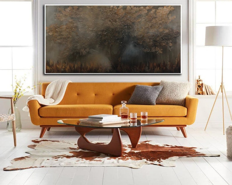 Fredfyldt skov Abstrakt tekstureret trælandskab i jordfarver Moderne naturkunst Skovvægkunst Ro natur Moderne kunst