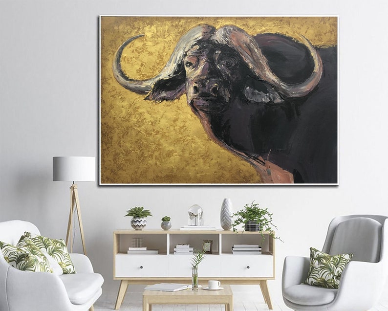 Ekstra stort afrikansk bøffelmaleri på lærred Vilde dyr oliemaleri Buffalo Bison vægkunst Buffalo moderne kunst vægkunst Moderne værelsesindretning