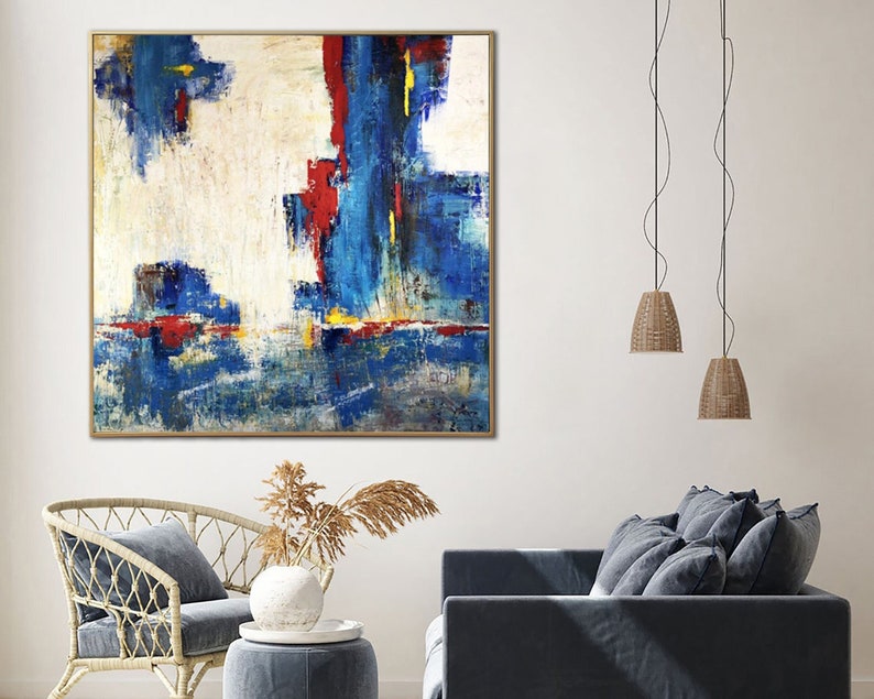 Large Abstract Painting in Blue, Red, and White - Modern Textured Wall Art - Handmade Original Artwork