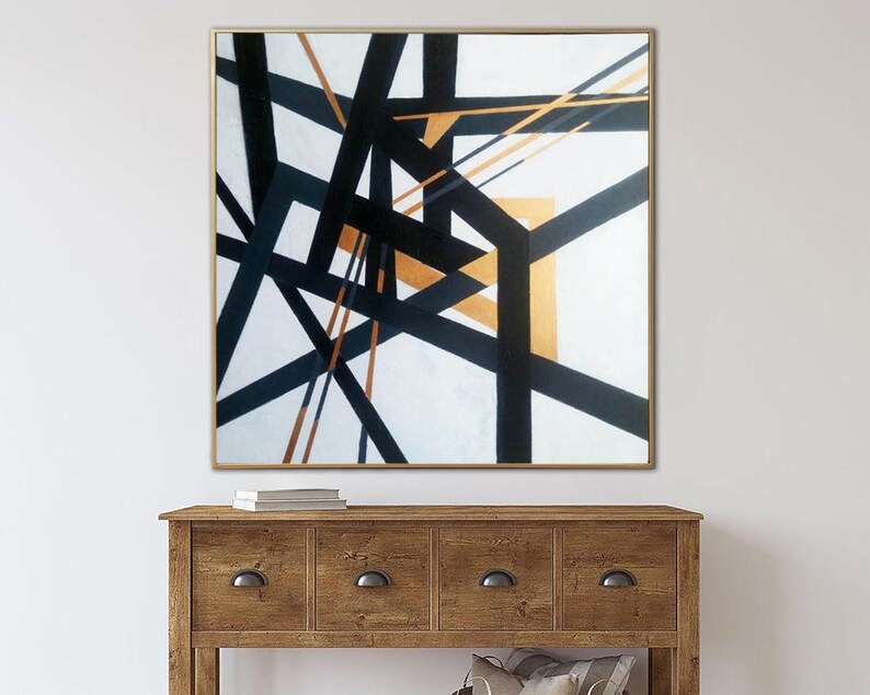Modern Framed Wall Art Abstract Painting Black and White Gold Minimalist Wall Art Handmade Contemporary Artwork Geometric Painting