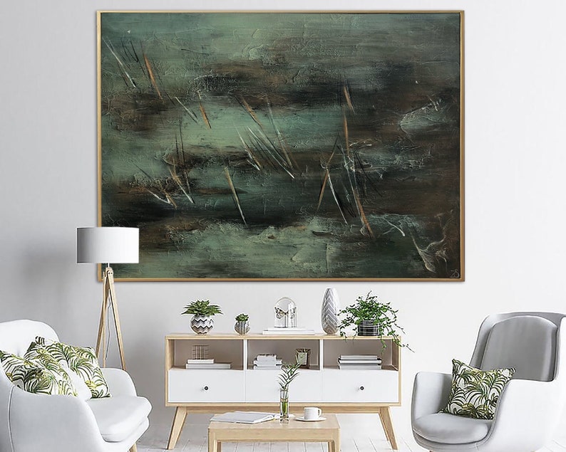 Moody Green Abstract Painting - Original Handmade Textured Artwork for Modern Interiors