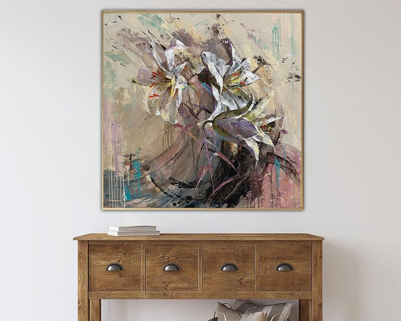 Abstract Flowers Painting on Canvas Modern Floral Artwork Neutral Wall Art Original Lily Painting Modern Oil Art for Aesthetic Room Decor