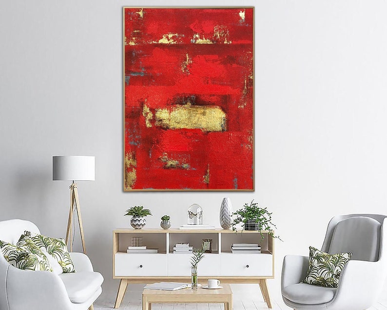 Abstract Red Painting on Canvas Minimalist Wall Art Gold Leaf Artwork Royal Red Wall Art Original Oil Painting for Aesthetic Room Decor