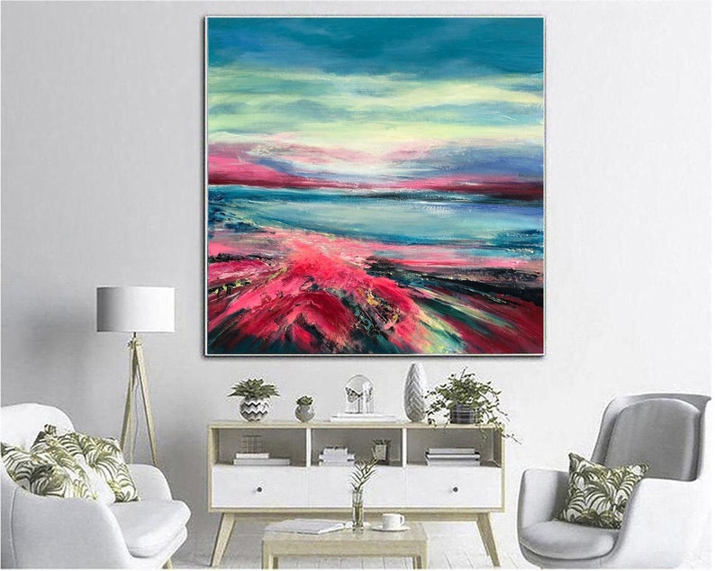 Large Abstract Landscape Wall Art Canvas Vibrant Painting Crimson Artwork Custom Painting in Size 40x40 Coastal Wall Art for Indie Decor