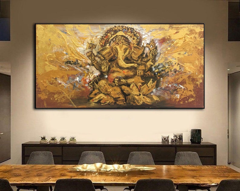 Large Gold Painting Ganesha Original Canvas Ganesha Canvas Wall Art Elephant Painting Buddhism Acrylic Canvas Buddha Painting Ganesha gift