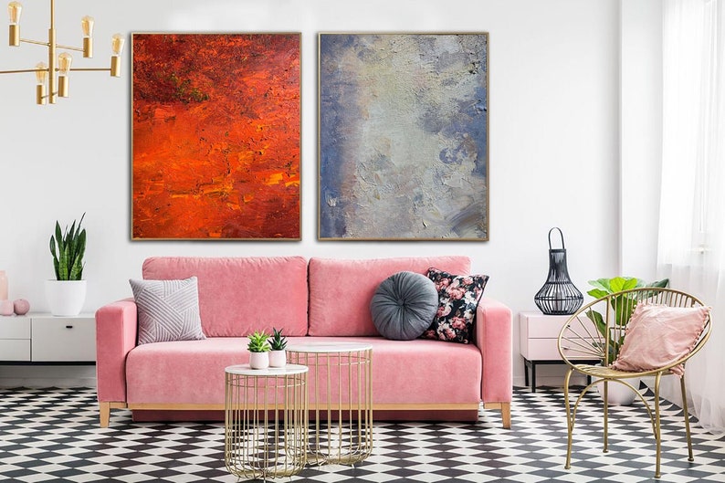 Large Abstract Diptych Red and Blue Wall Art Bright Wall Art Set of 2 Oil Painting Textured Wall Art Colors Art Living Room Decor Framed Art