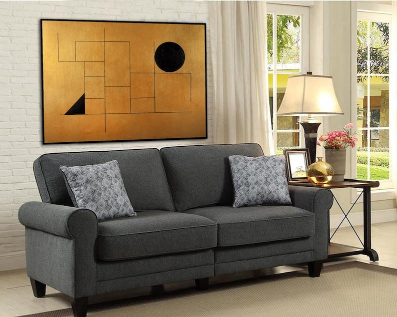 Kräftige geometrische Formen Kunst Schwarz und Gold Wandkunst Linie Wandkunst Einzigartiges Feingemälde Atmosphärische Kunst Individuelles Ölgemälde