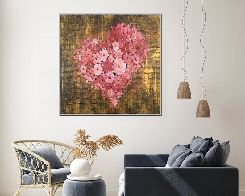 Abstract Heart Painting Heart Flower Painting Canvas Romantic Artwork Gold Wall Art Textured Art Modern Fine Art for Home Wall Decor
