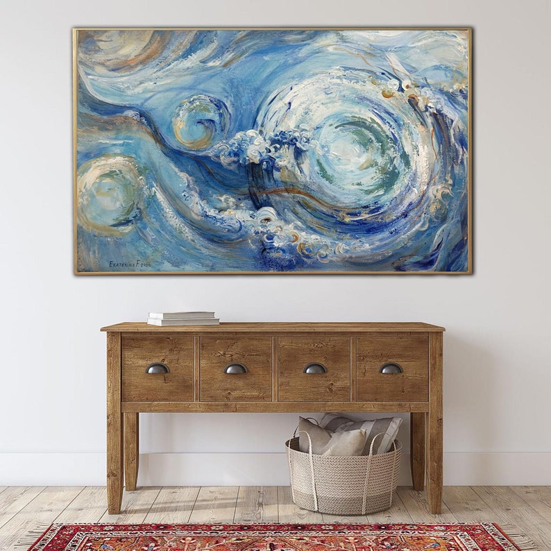 Abstract Blue Painting Large Framed Wall Art Unique Wall Art Living Room Decor Blue Wall Art Hand Painted Art Office Wall Decor Modern Art