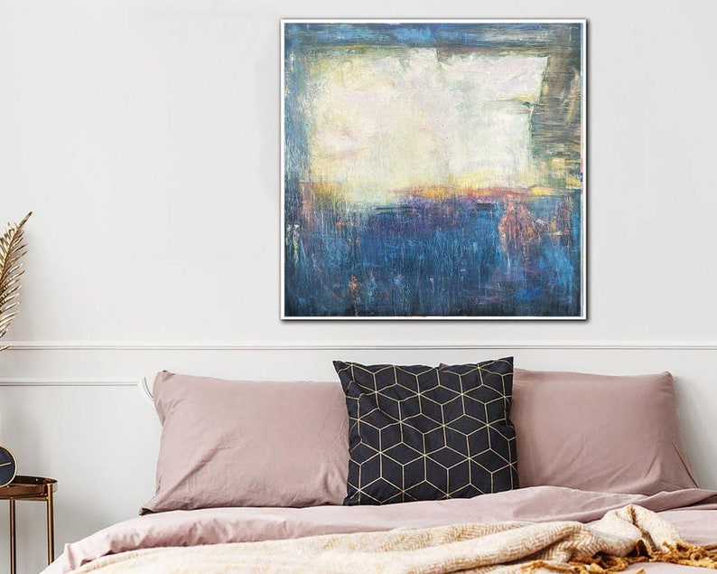 Abstract Landscape Painting - Original Handmade Artwork in Blue and Soft Pastels for Modern Home Decor