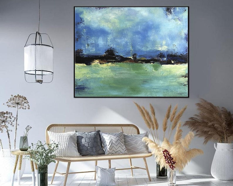 Abstract Horizon Art Green Blue Painting Horizon Line Serene Beauty Rich Textured Art Creative Painting