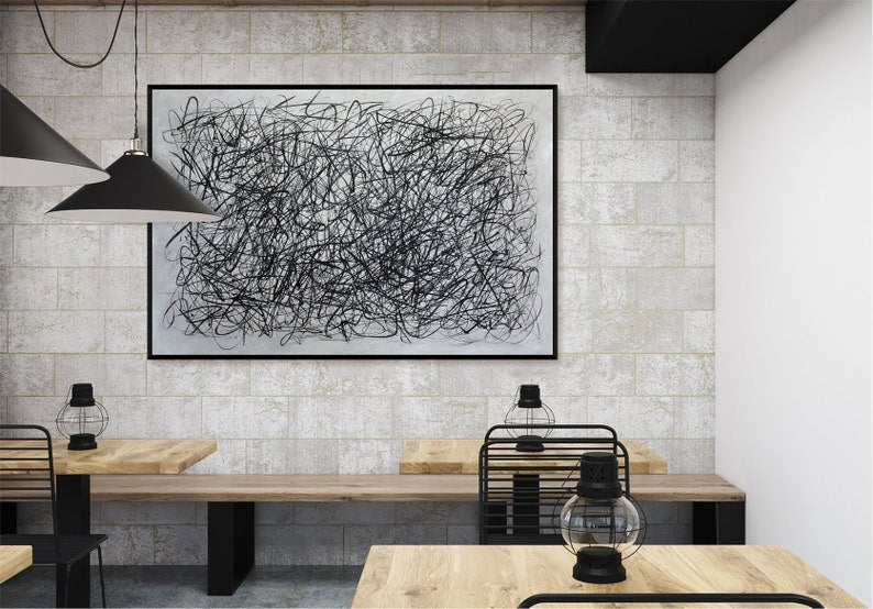 Large Original Abstract Black and White Lines Paintings On Canvas Modern Minimalist Painting Wall Decor