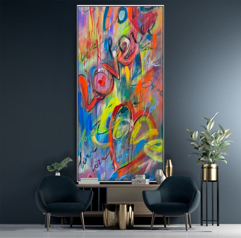 Abstract Colorful Hearts Graffiti Style Paintings On Canvas Original Romantic Art for Home Wall Decor