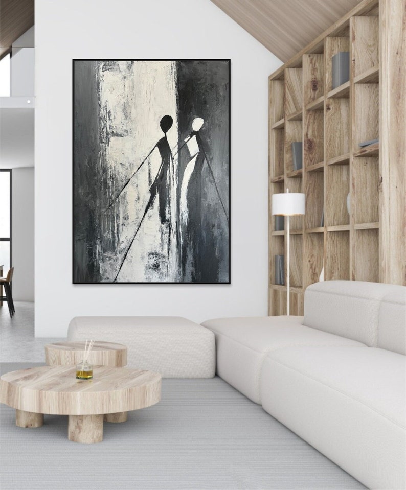 Abstrakt Figurativ Kunst Elegant Samtidsindretning Menneskelig Forbindelse Maleri Moderne Sort-hvid Kunst Abstrakt Minimalistisk Maleri
