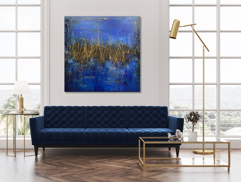 Large Abstract Blue and Gold Nature Art Original Landscape Paintings On Canvas Modern Wall Art for Home Decor
