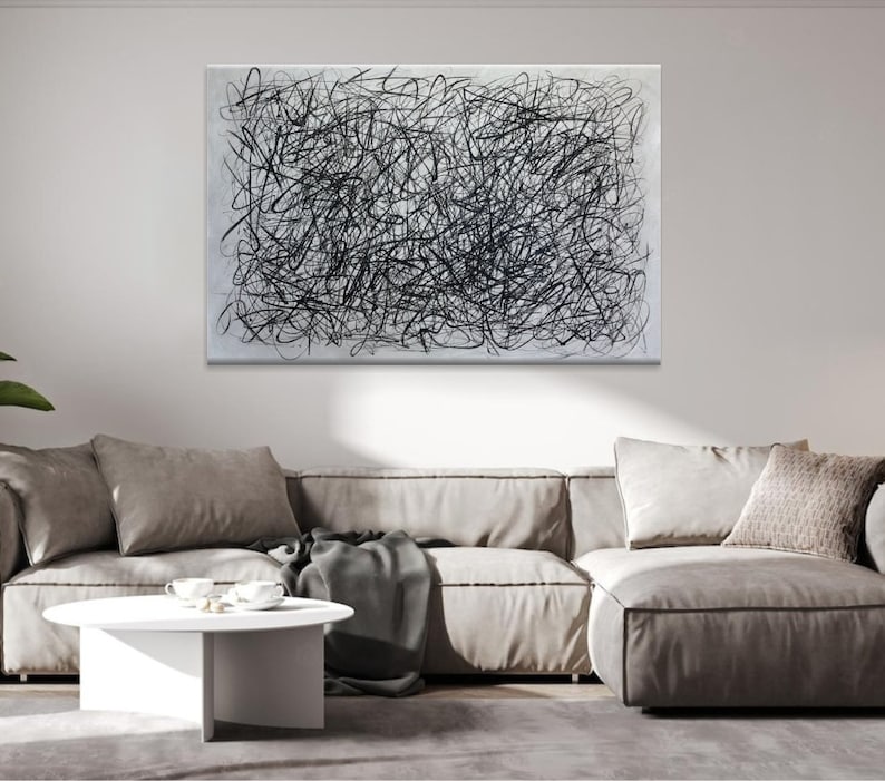 Large Original Abstract Black and White Lines Paintings On Canvas Modern Minimalist Painting Wall Decor