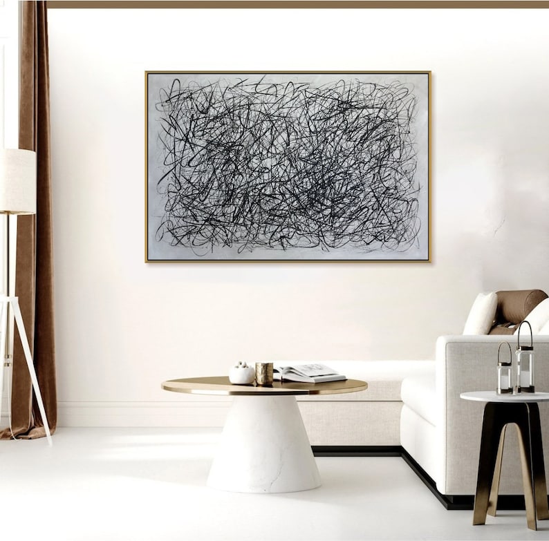 Large Original Abstract Black and White Lines Paintings On Canvas Modern Minimalist Painting Wall Decor