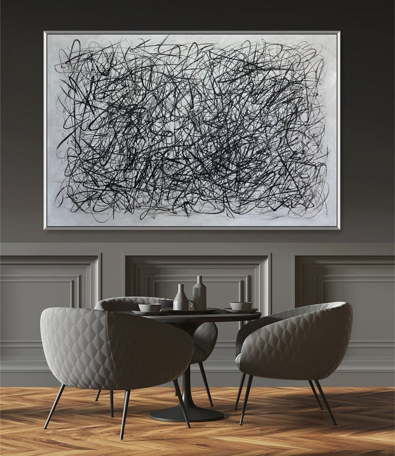 Large Original Abstract Black and White Lines Paintings On Canvas Modern Minimalist Painting Wall Decor