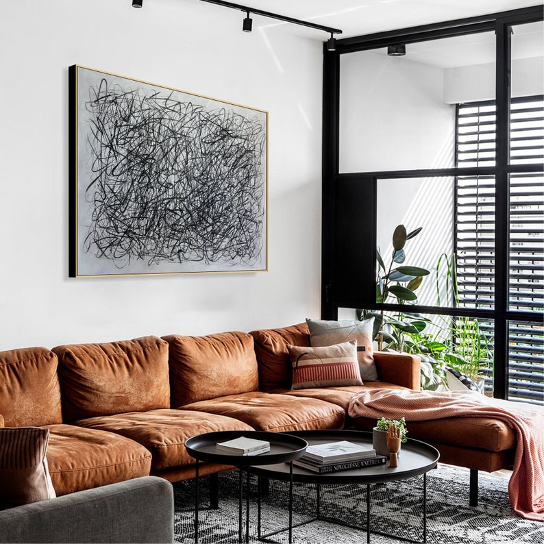 Large Original Abstract Black and White Lines Paintings On Canvas Modern Minimalist Painting Wall Decor