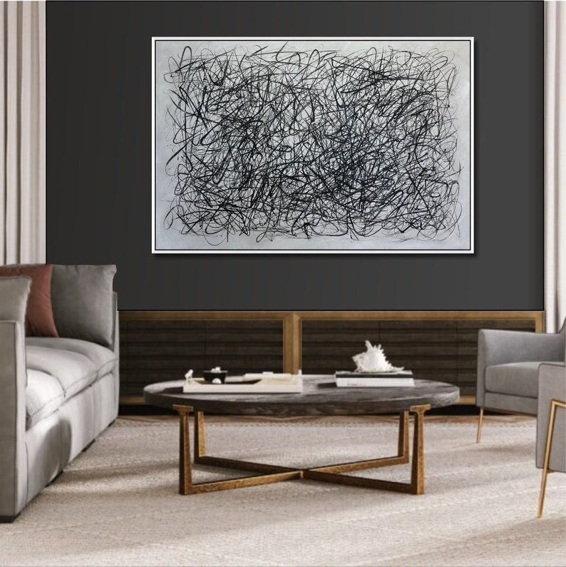 Large Original Abstract Black and White Lines Paintings On Canvas Modern Minimalist Painting Wall Decor